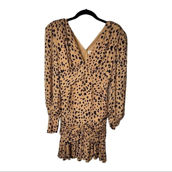 NICHOLAS Ruched Leopard Print Silk Crepe Long Sleeve Mini Dress Size US 4 - Picture 6 of 13